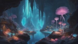 In this mesmerizing artwork, we journey deep below the Earth's surface to a hidden world where an advanced bioluminescent society thrives within vast crystalline caverns. The radiant glow of these living crystals bathes the underground realm in a soft, ethereal light, revealing intricate art and advanced technology adorning every surface. Bioluminescent flora and fauna add vibrant pops of color, casting captivating shadows against the crystal walls. It's a harmonious fusion of nature and technology in a subterranean paradise, where the society's members navigate their breathtaking surroundings with grace and wonder.